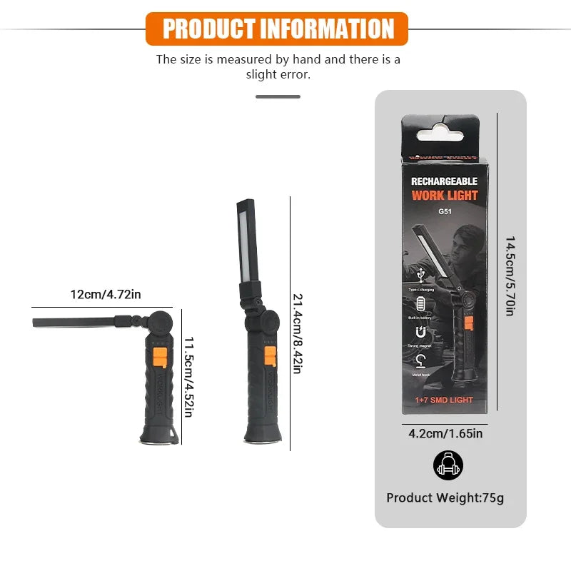 Portable COB LED Flashlight – USB Rechargeable